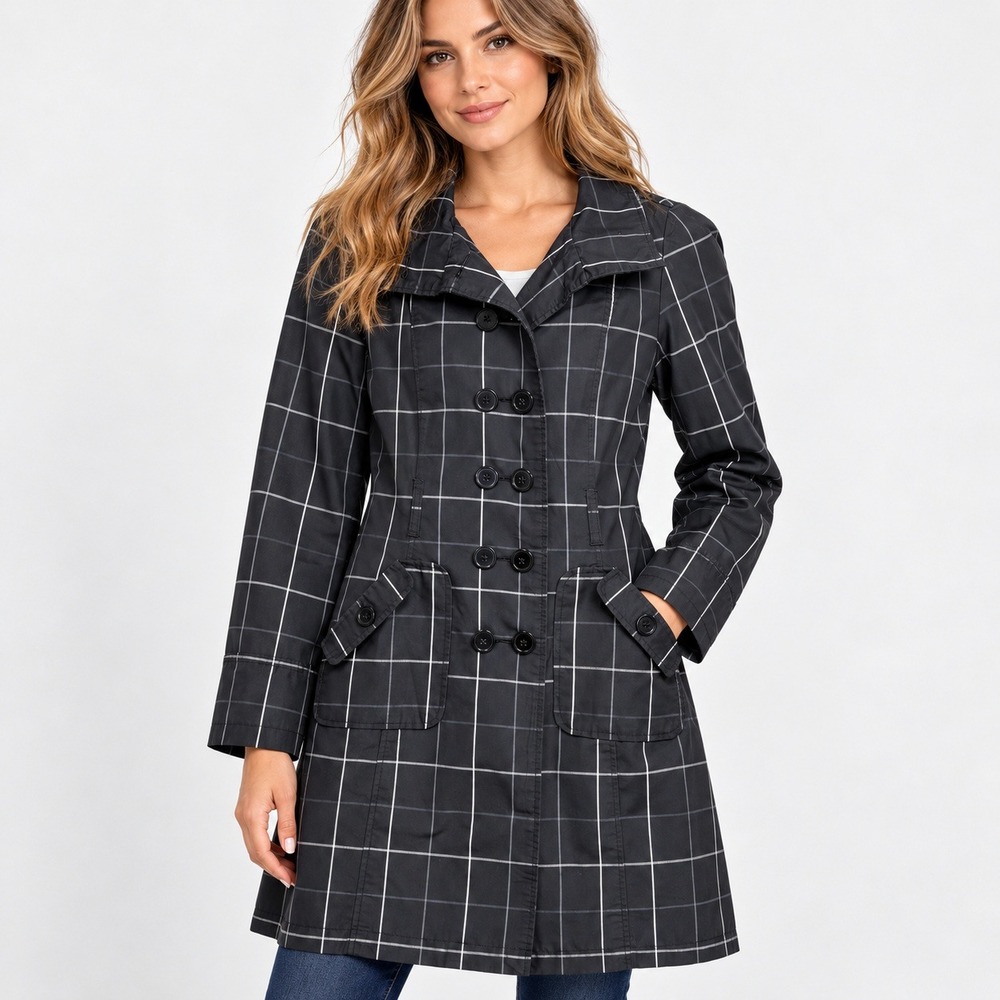 Merona Womens Black White Windowpane Grid Double Breasted Trench Coat Small